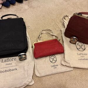 LaFlore Bobobark, Bebebark, and evening clutch with chain.